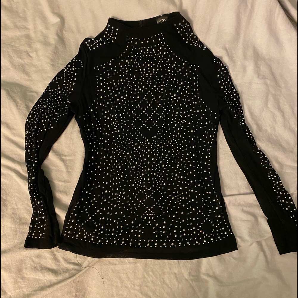 Bedazzled black mesh top